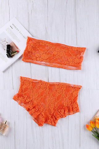 Orangefarbenes, durchsichtiges, trägerloses Dessous-Set aus Spitzennetz