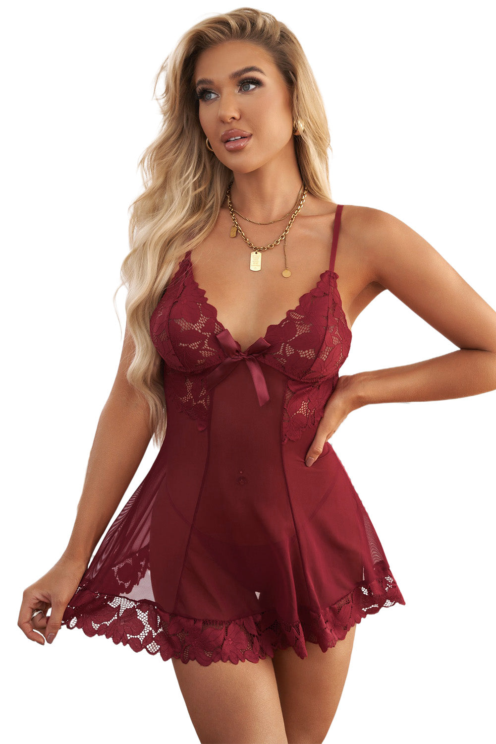 Red Lace Mesh Splicing Babydoll Set