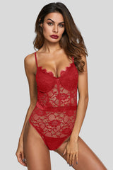 Red Lace Spaghetti Strap Panelled Bodysuit