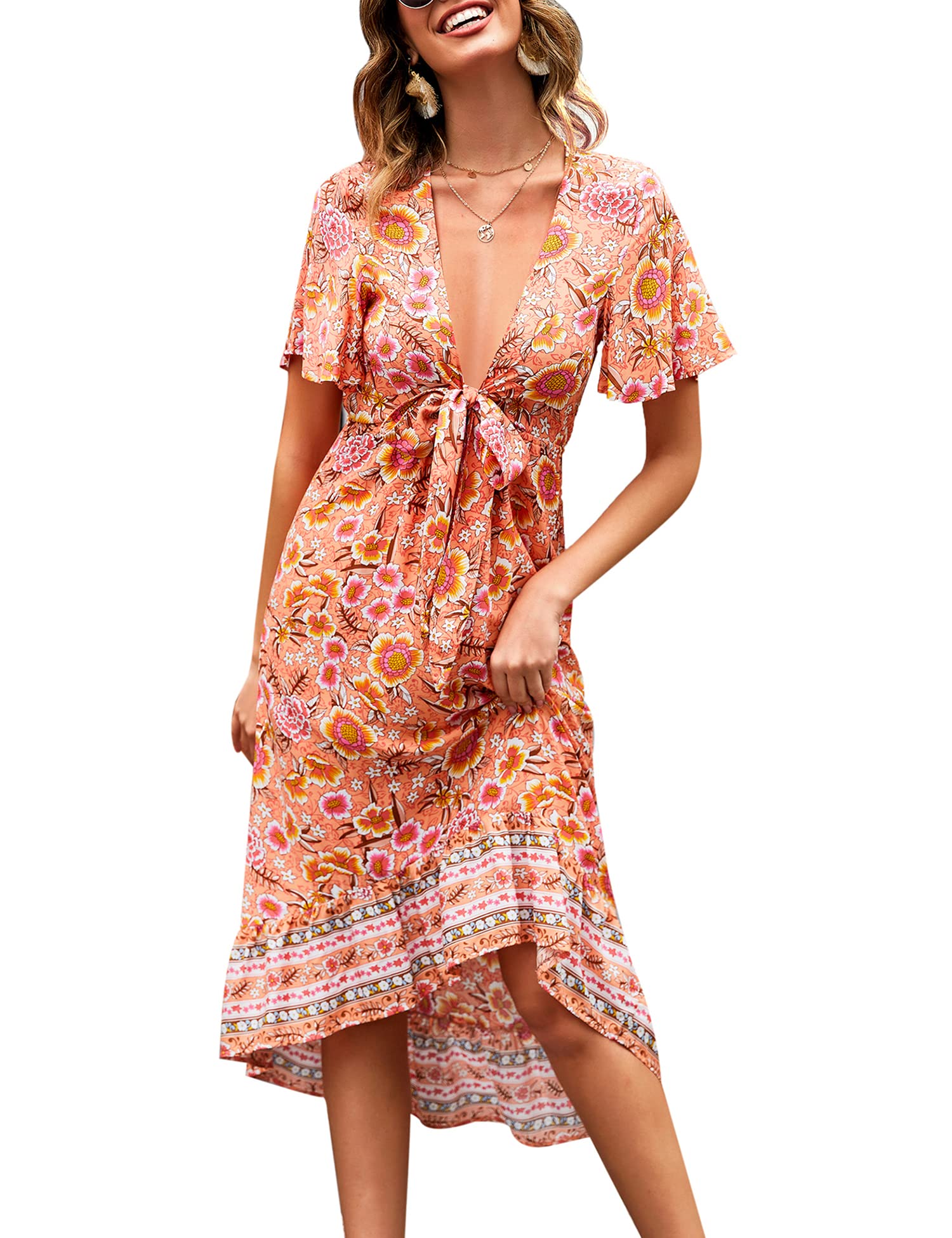 Bohemian Floral Tie Front V Neck Long Midi Dresses