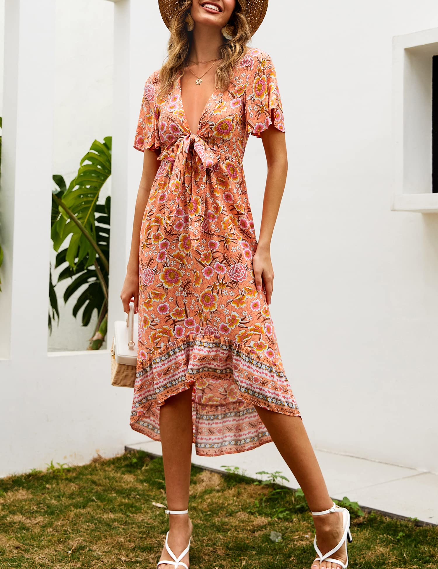 Vestidos midi largos con escote en V y lazo frontal con estampado floral bohemio 