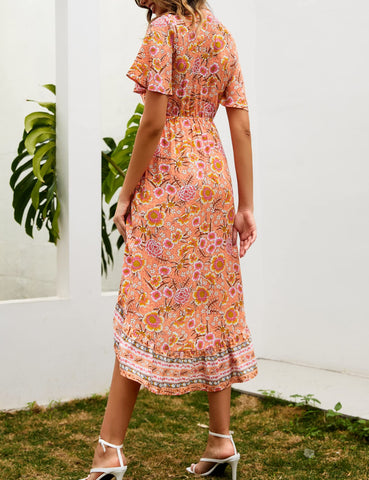 Bohemian Floral Tie Front V Neck Long Midi Dresses