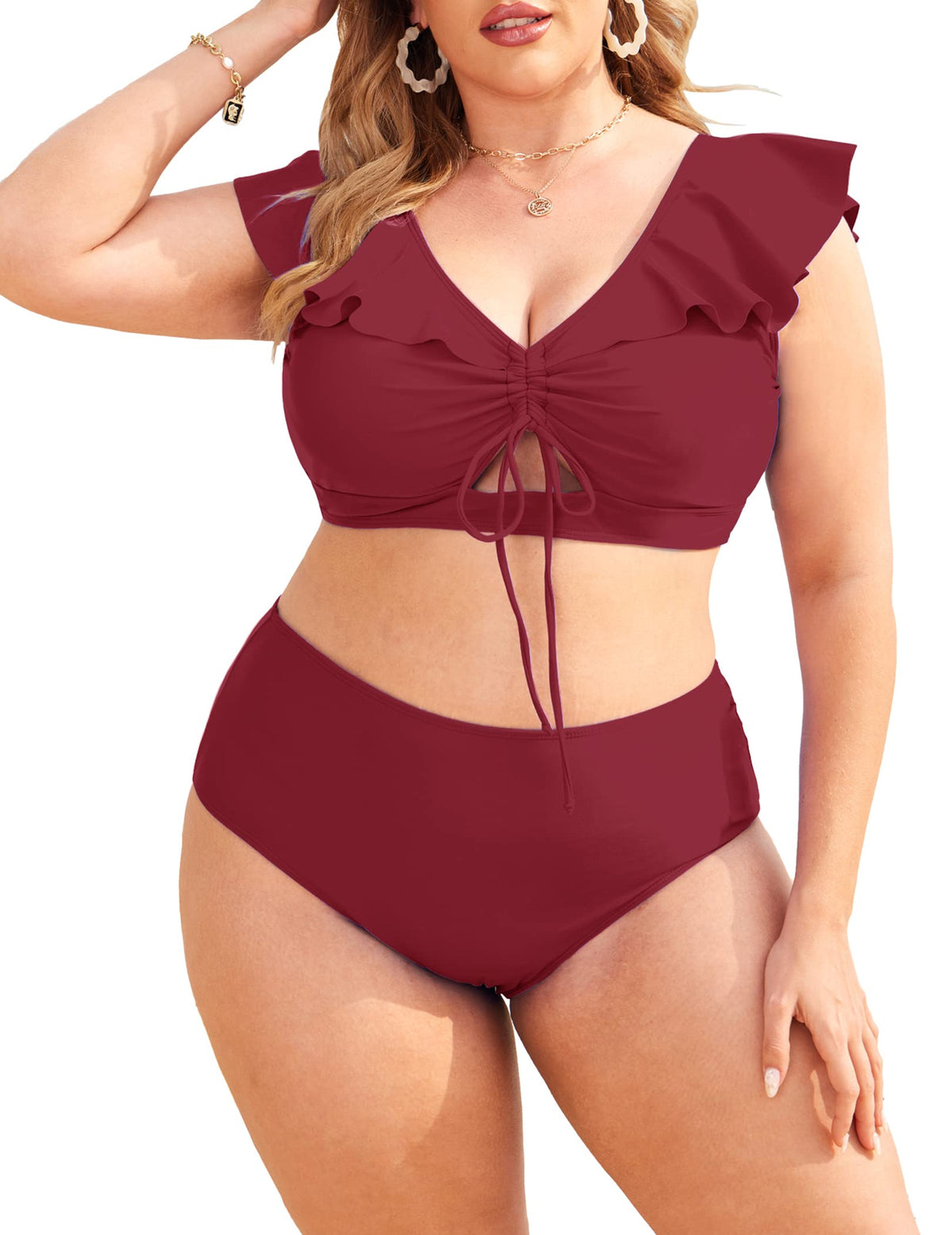 Traje de baño bikini de cintura alta con volantes de talla grande 