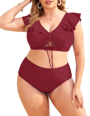 Bikini-Badeanzug mit Rüschen und hoher Taille in Übergröße 