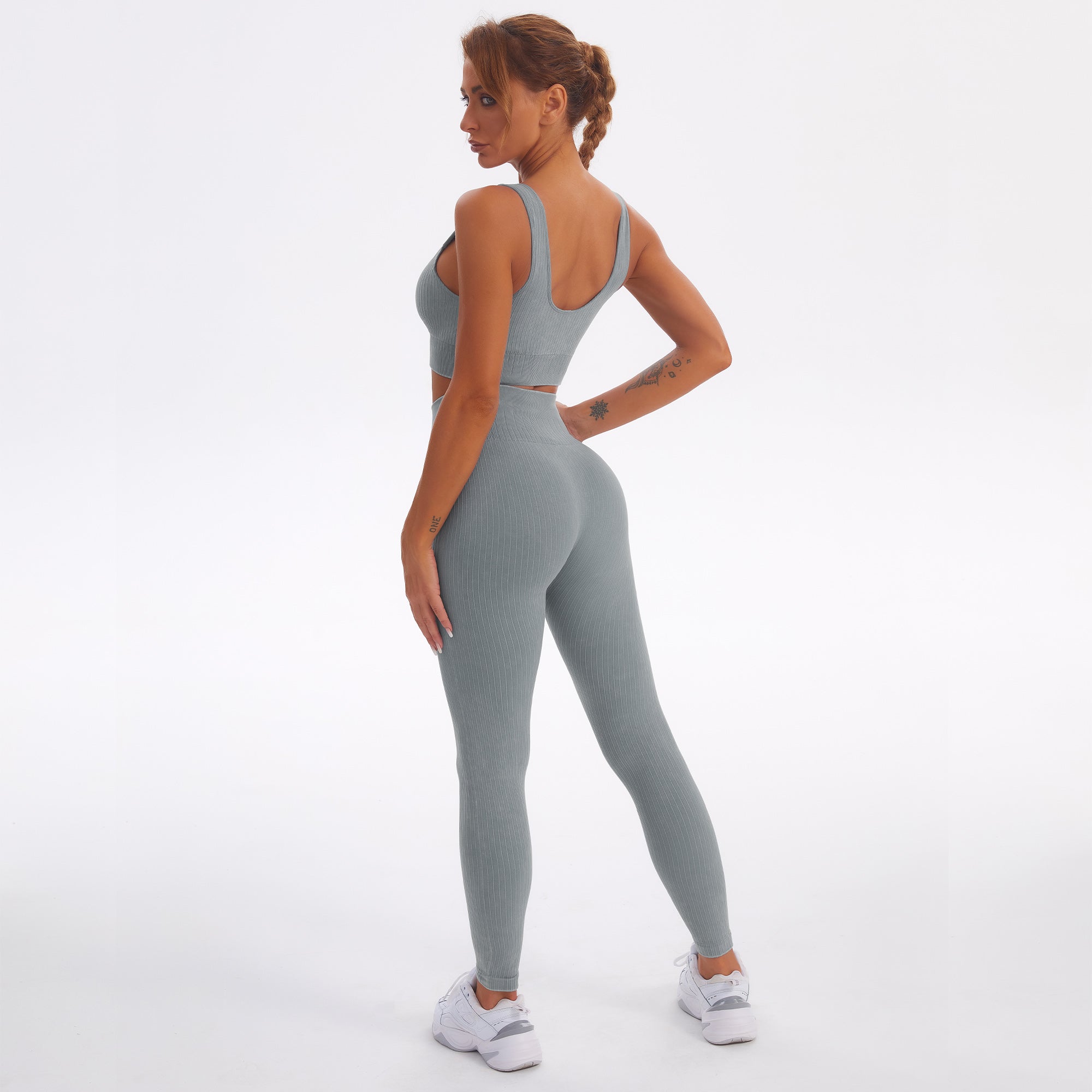 Nahtloses Gym-Yoga-Set, gestreifter Sport-BH und Leggings für Damen