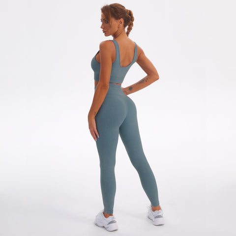 Nahtloses Gym-Yoga-Set, gestreifter Sport-BH und Leggings für Damen