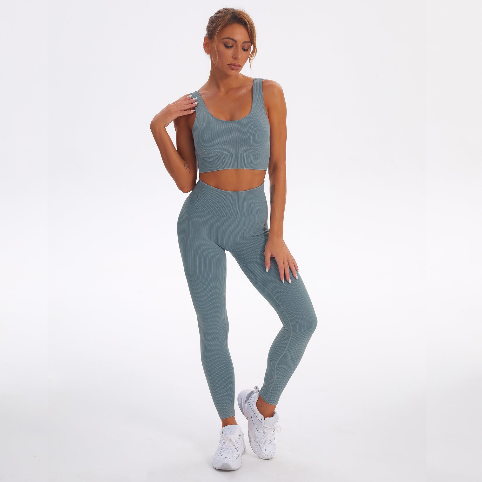 Nahtloses Gym-Yoga-Set, gestreifter Sport-BH und Leggings für Damen