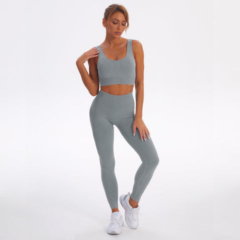 Nahtloses Gym-Yoga-Set, gestreifter Sport-BH und Leggings für Damen