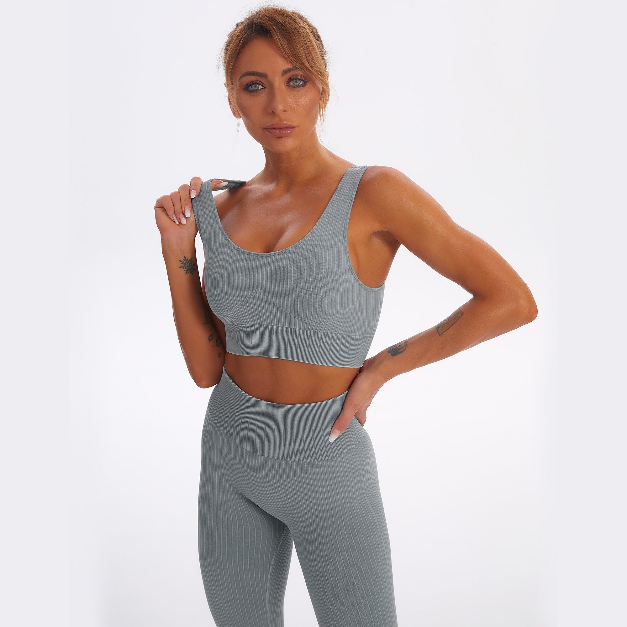 Nahtloses Gym-Yoga-Set, gestreifter Sport-BH und Leggings für Damen