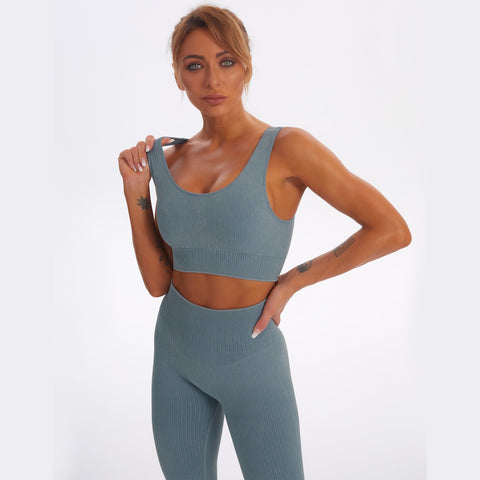 Nahtloses Gym-Yoga-Set, gestreifter Sport-BH und Leggings für Damen