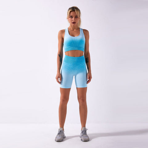 Conjunto de yoga para gimnasio sin costuras, sujetador deportivo y pantalones cortos con efecto tie dye para mujer