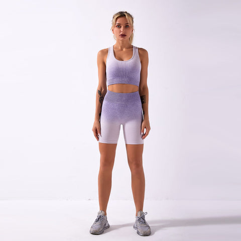 Nahtloses Gym-Yoga-Set mit Batikmuster, Sport-BH und Shorts für Damen