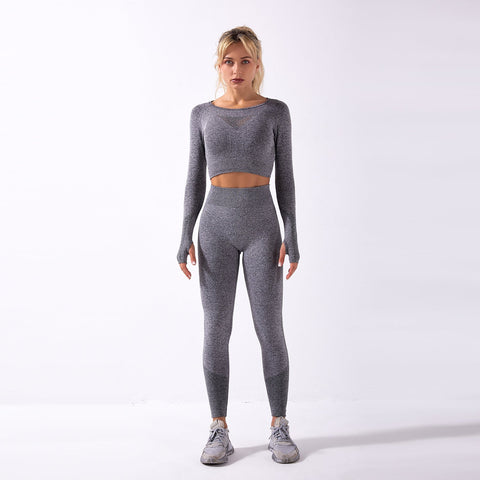 Nahtloses Gym-Yoga-Set mit Langarm und Leggings für Damen