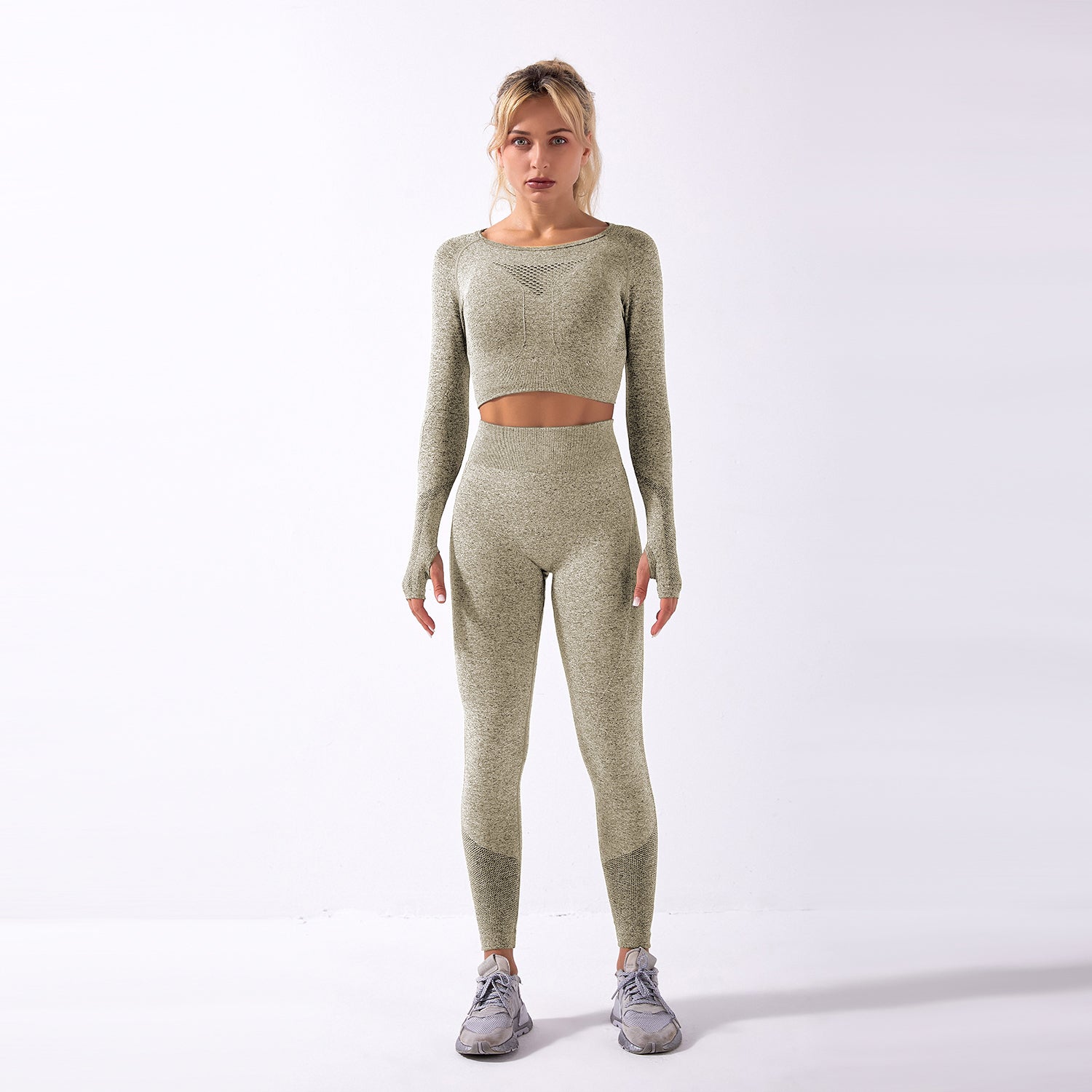 Nahtloses Gym-Yoga-Set mit Langarm und Leggings für Damen