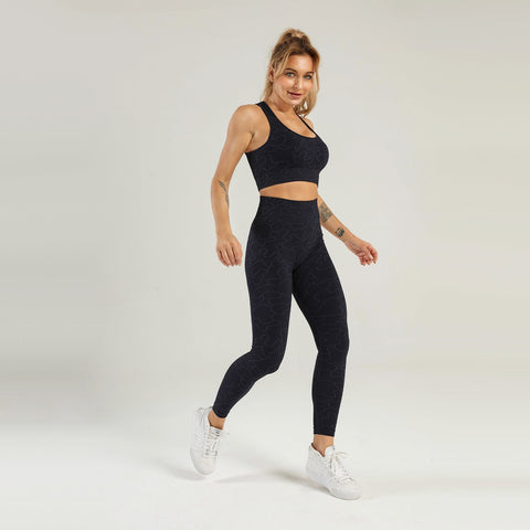 Nahtloses Gym-Yoga-Set, gestreifter Sport-BH und Leggings für Damen