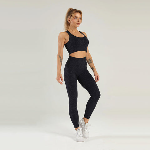 Nahtloses Gym-Yoga-Set, gestreifter Sport-BH und Leggings für Damen