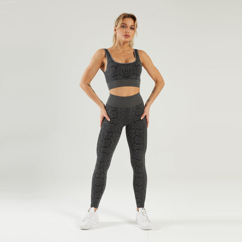 Conjunto de yoga para gimnasio sin costuras, sujetador deportivo y leggings con estampado de serpiente