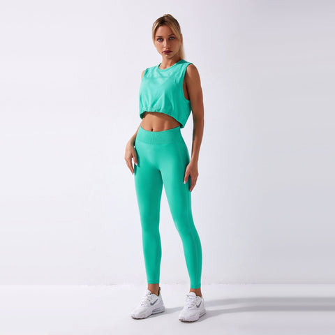 Conjunto de yoga sin costuras para mujer, camiseta sin mangas con cordón y leggings