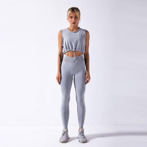 Nahtloses Gym-Yoga-Set mit Kordelzug, Tanktop und Leggings für Damen