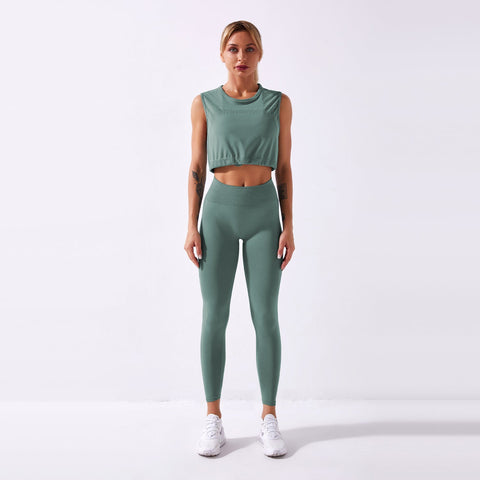 Nahtloses Gym-Yoga-Set mit Kordelzug, Tanktop und Leggings für Damen