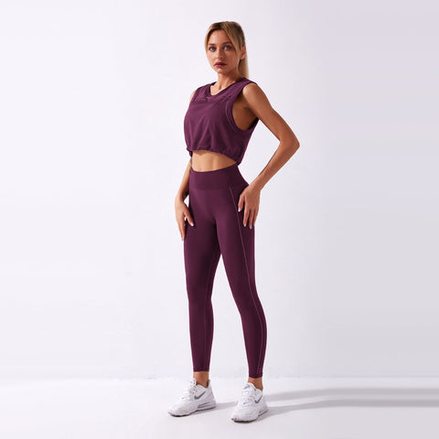 Conjunto de yoga sin costuras para mujer, camiseta sin mangas con cordón y leggings