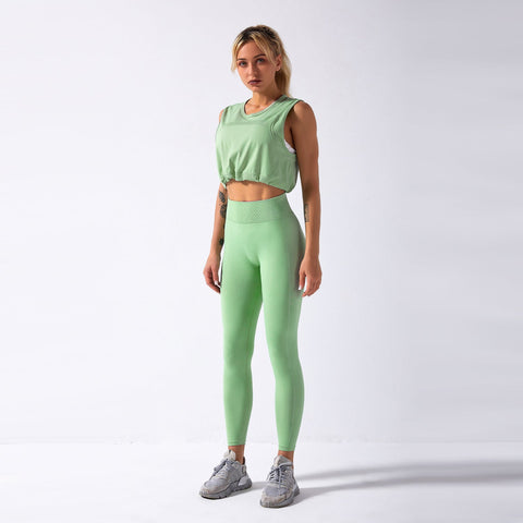 Nahtloses Gym-Yoga-Set mit Kordelzug, Tanktop und Leggings für Damen