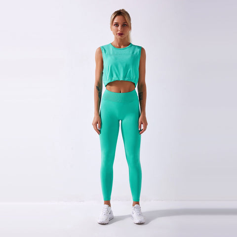 Nahtloses Gym-Yoga-Set mit Kordelzug, Tanktop und Leggings für Damen