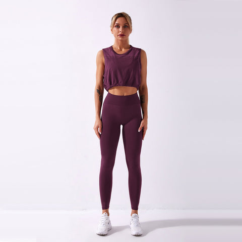 Conjunto de yoga sin costuras para mujer, camiseta sin mangas con cordón y leggings