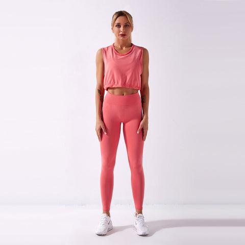 Nahtloses Gym-Yoga-Set mit Kordelzug, Tanktop und Leggings für Damen