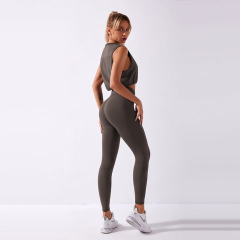 Nahtloses Gym-Yoga-Set mit Kordelzug, Tanktop und Leggings für Damen