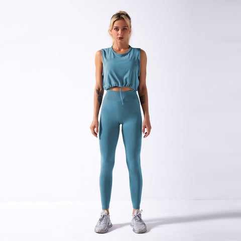 Nahtloses Gym-Yoga-Set mit Kordelzug, Tanktop und Leggings für Damen