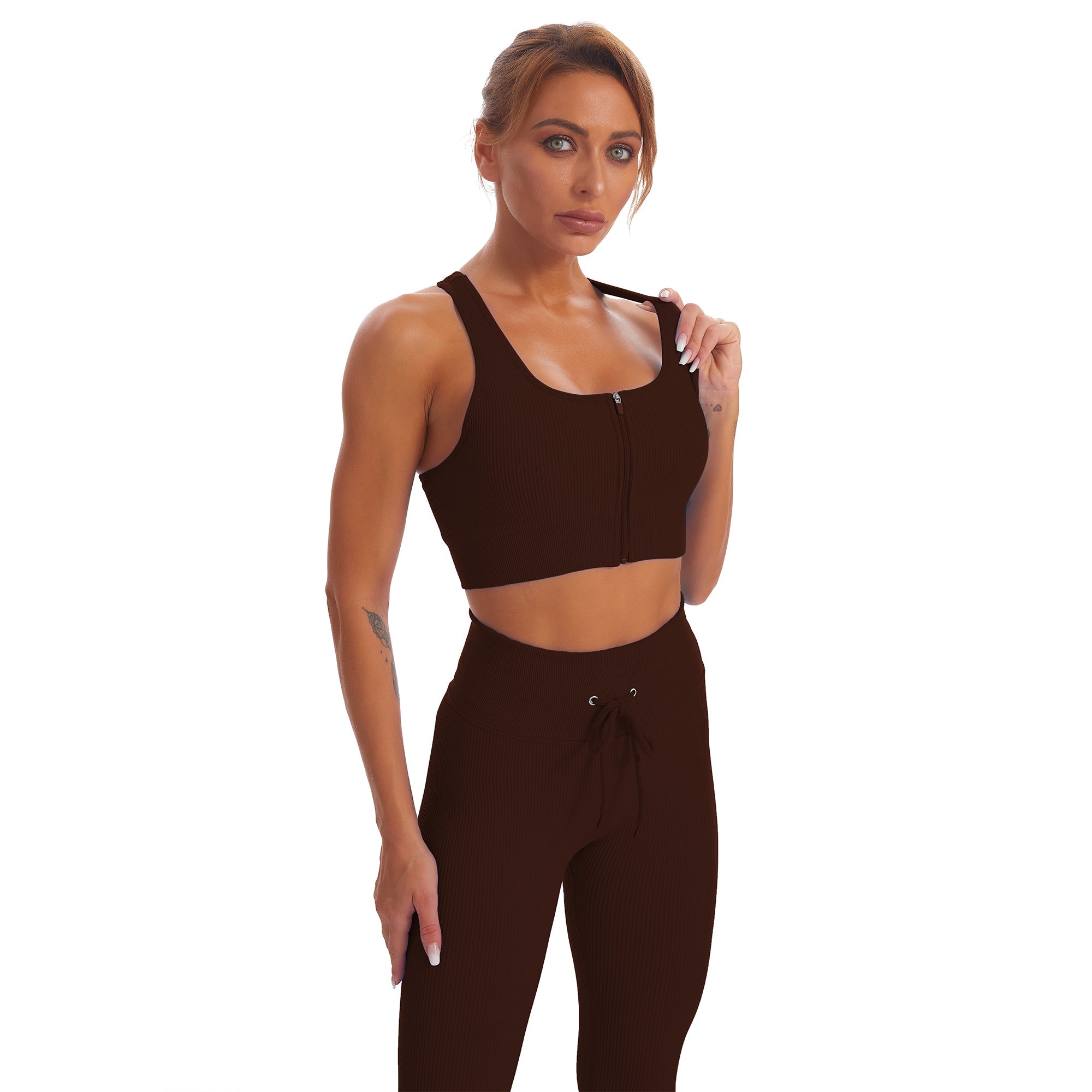 Conjunto de yoga para gimnasio sin costuras, camiseta sin mangas deportiva con cremallera y leggings para mujer