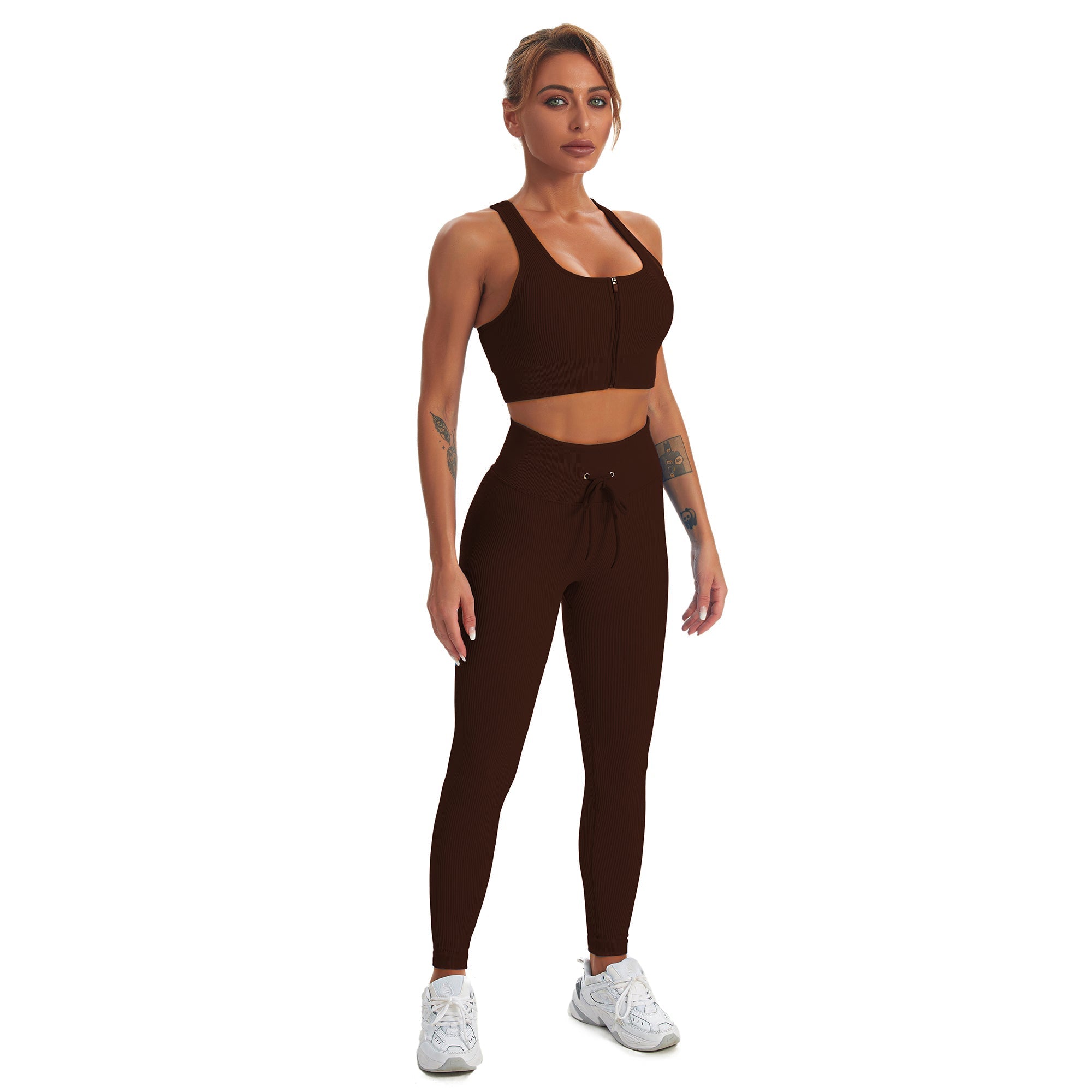 Nahtloses Gym-Yoga-Set mit Reißverschluss, Sport-Tanktop und Leggings für Damen