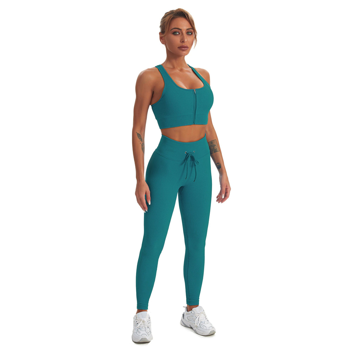 Nahtloses Gym-Yoga-Set mit Reißverschluss, Sport-Tanktop und Leggings für Damen