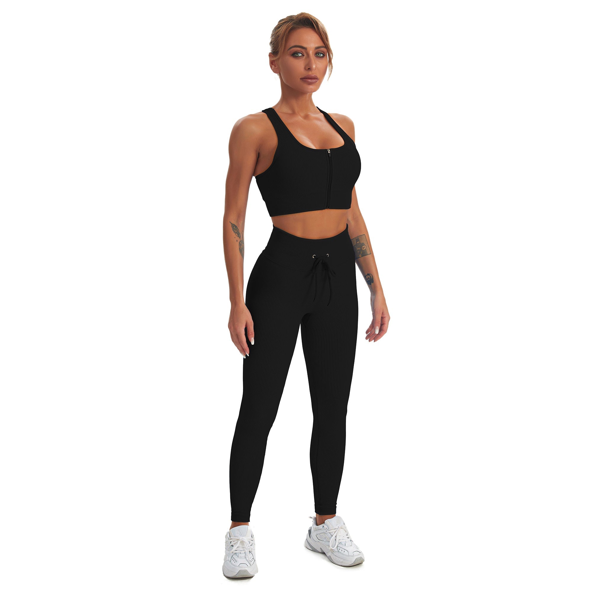 Conjunto de yoga para gimnasio sin costuras, camiseta sin mangas deportiva con cremallera y leggings para mujer