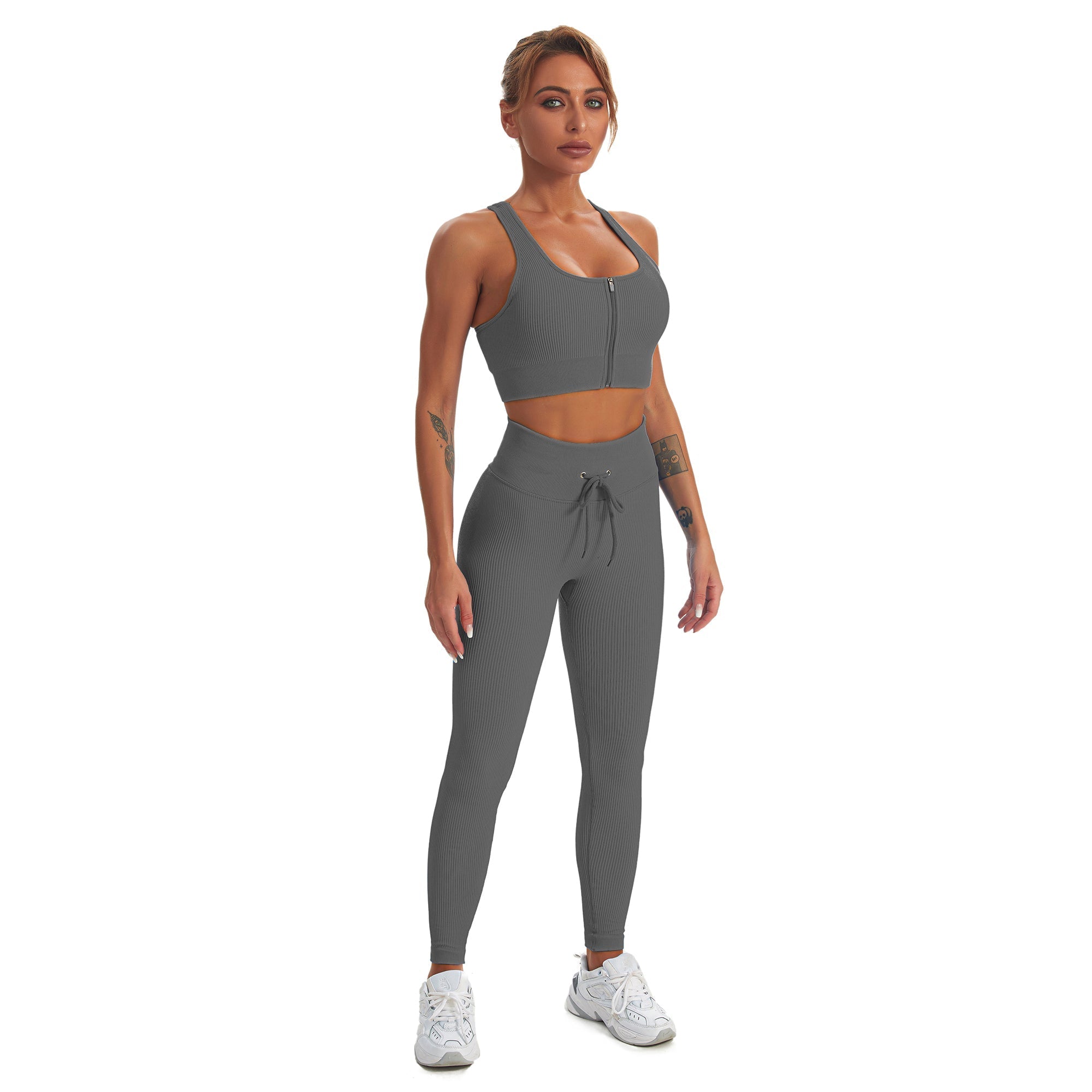 Nahtloses Gym-Yoga-Set mit Reißverschluss, Sport-Tanktop und Leggings für Damen