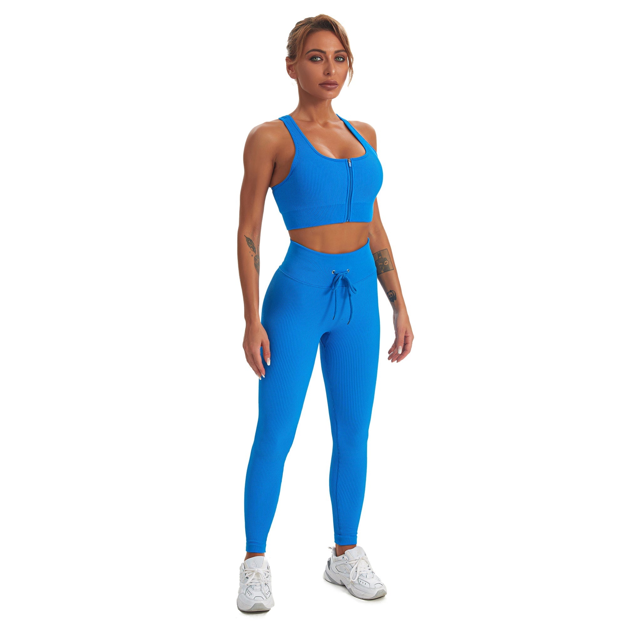 Nahtloses Gym-Yoga-Set mit Reißverschluss, Sport-Tanktop und Leggings für Damen