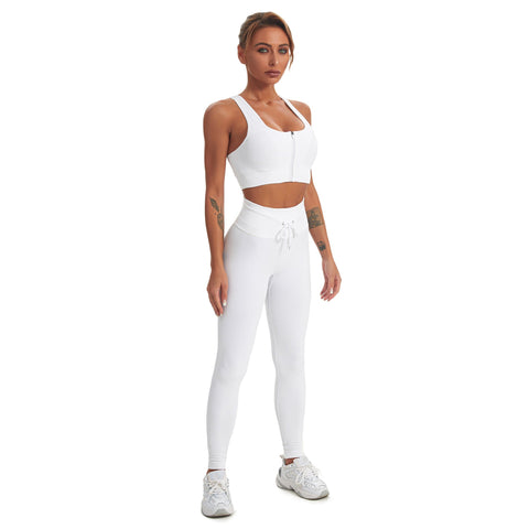 Conjunto de yoga para gimnasio sin costuras, camiseta sin mangas deportiva con cremallera y leggings para mujer