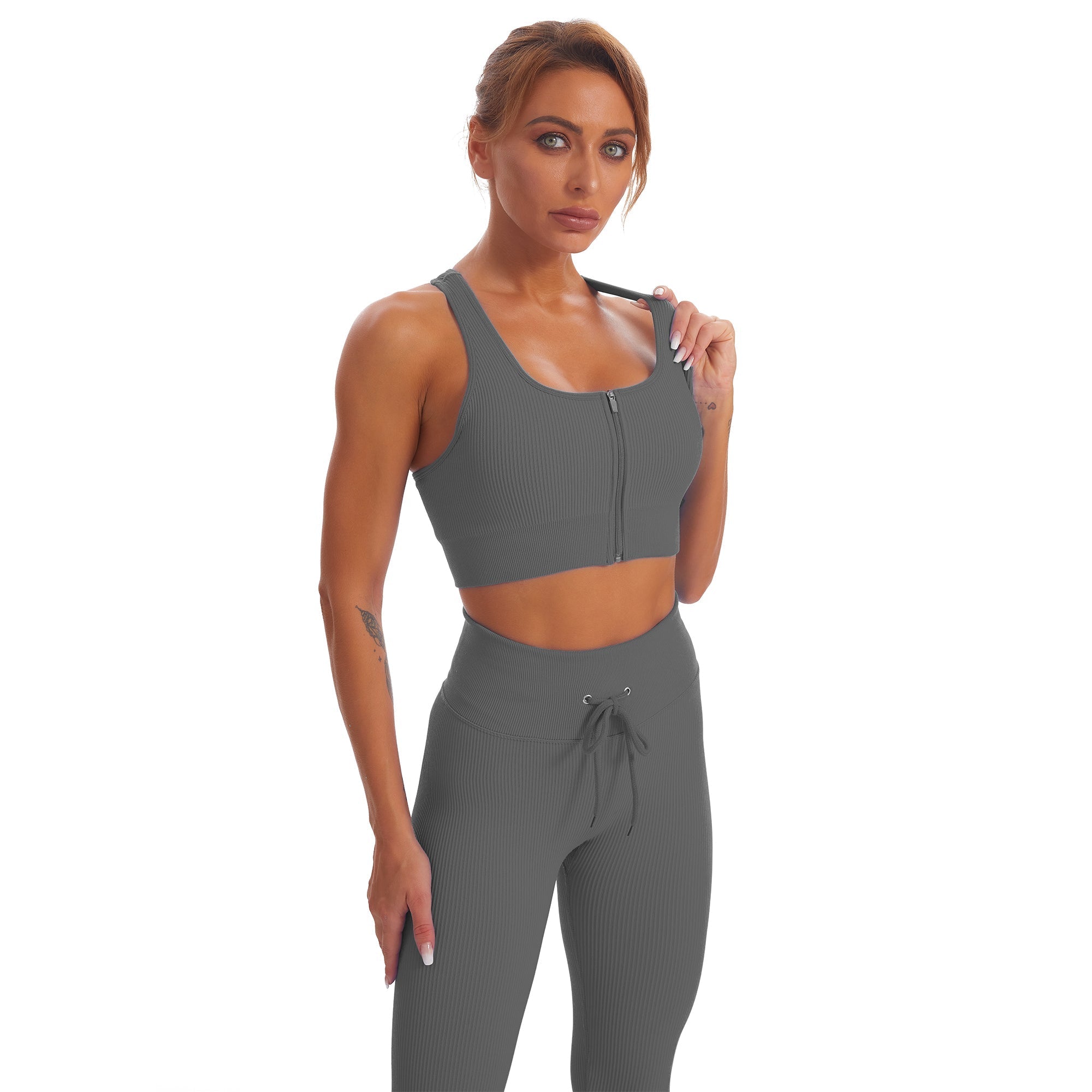 Conjunto de yoga para gimnasio sin costuras, camiseta sin mangas deportiva con cremallera y leggings para mujer