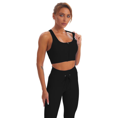 Nahtloses Gym-Yoga-Set mit Reißverschluss, Sport-Tanktop und Leggings für Damen