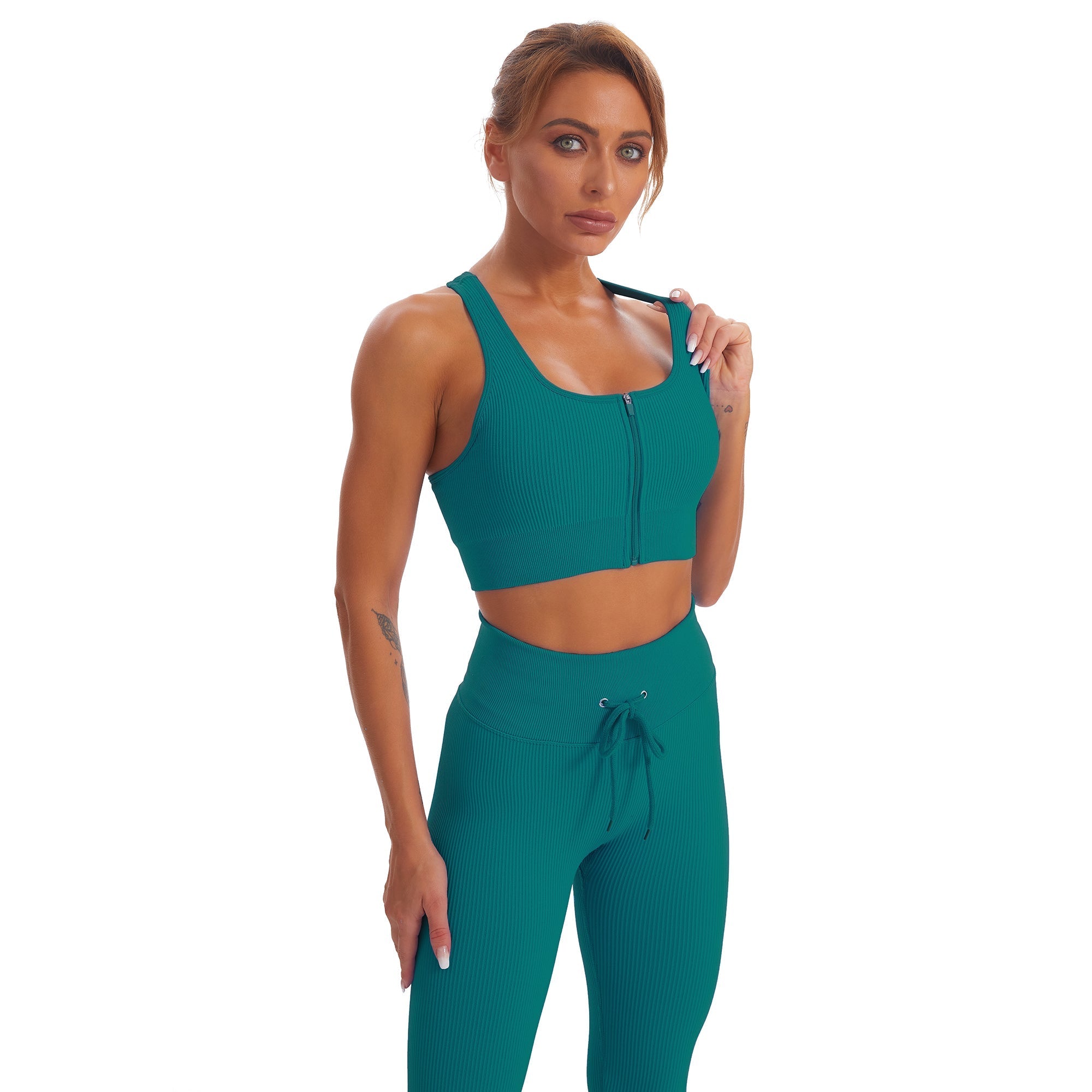 Nahtloses Gym-Yoga-Set mit Reißverschluss, Sport-Tanktop und Leggings für Damen