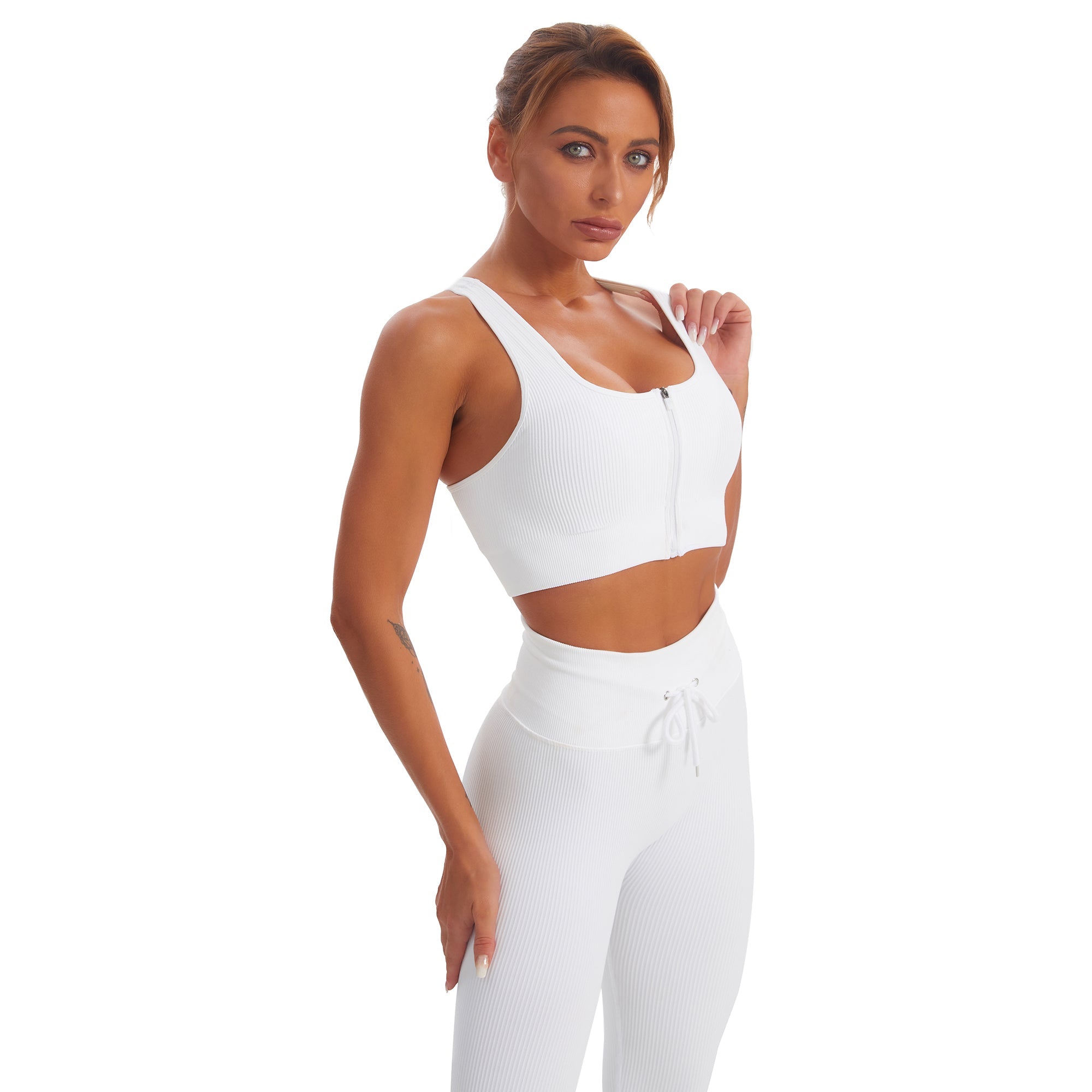 Nahtloses Gym-Yoga-Set mit Reißverschluss, Sport-Tanktop und Leggings für Damen