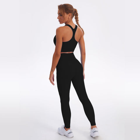 Nahtloses Gym-Yoga-Set mit Reißverschluss, Sport-Tanktop und Leggings für Damen