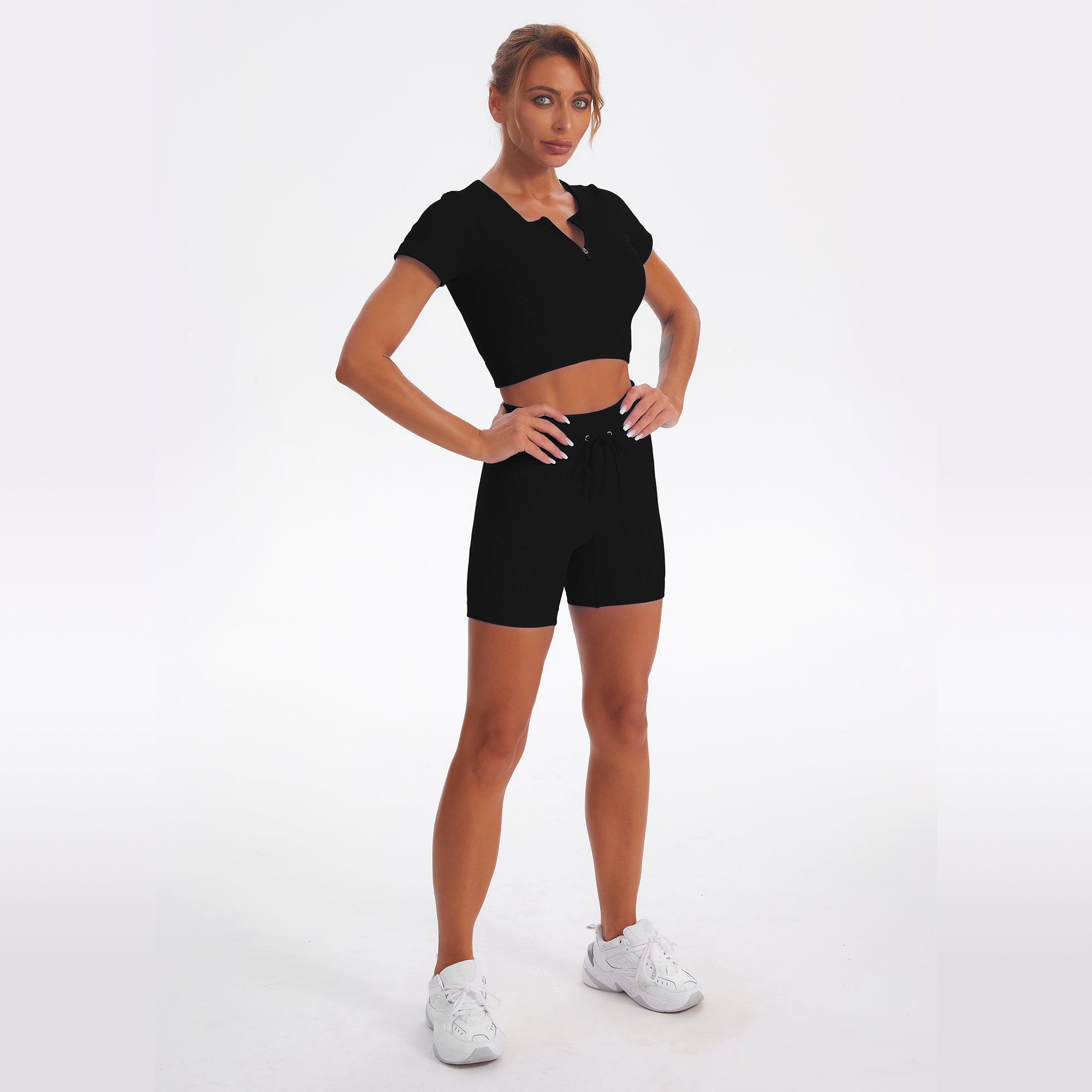 Seamless Gym Yoga Set Zip Up Short Sleeve Top & Shorts for Women