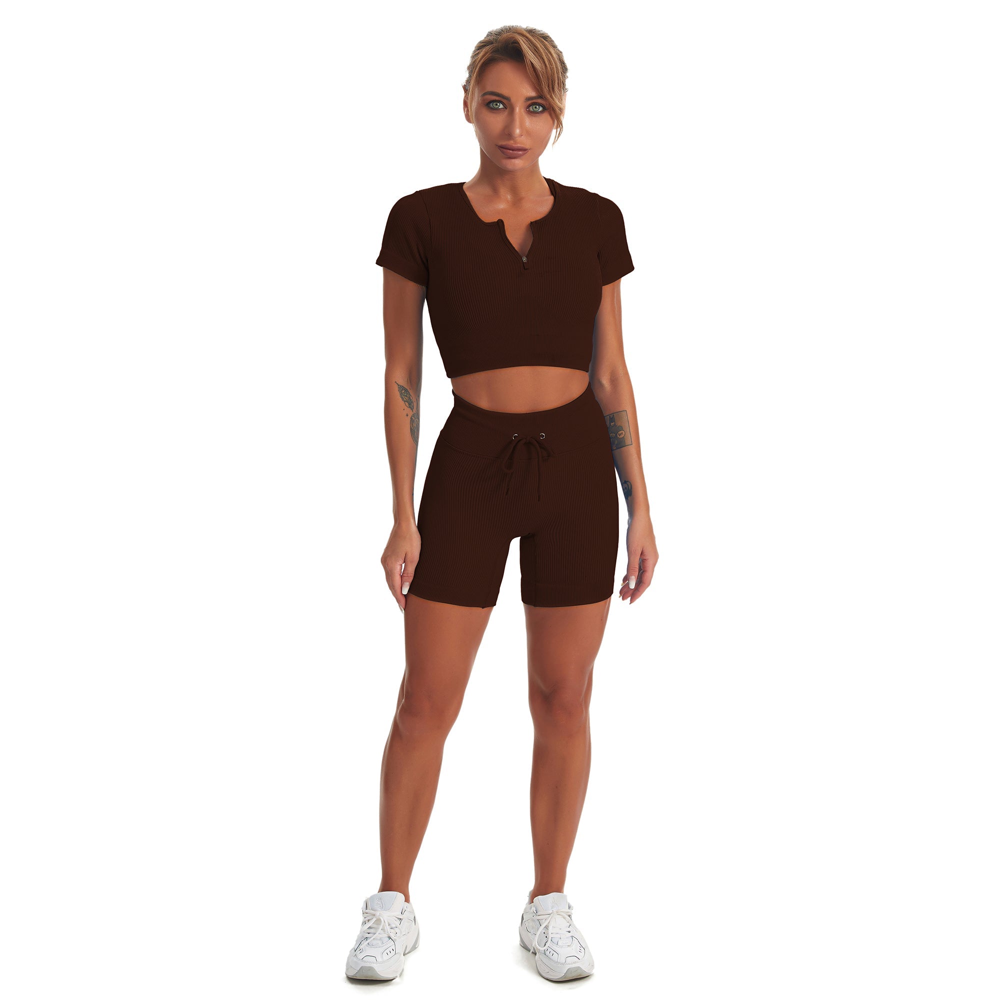 Seamless Gym Yoga Set Zip Up Short Sleeve Top & Shorts for Women