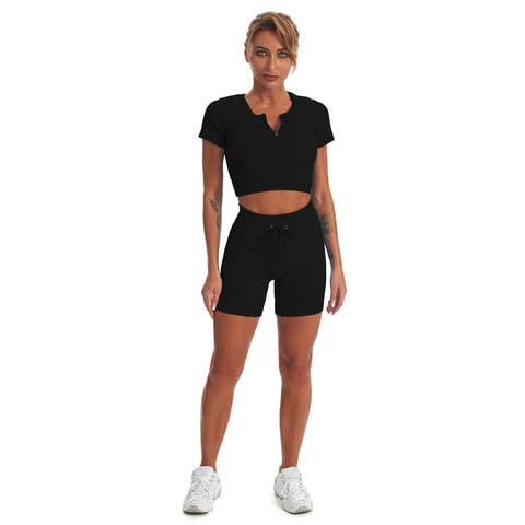 Conjunto de yoga para gimnasio sin costuras con cremallera, camiseta de manga corta y pantalones cortos para mujer