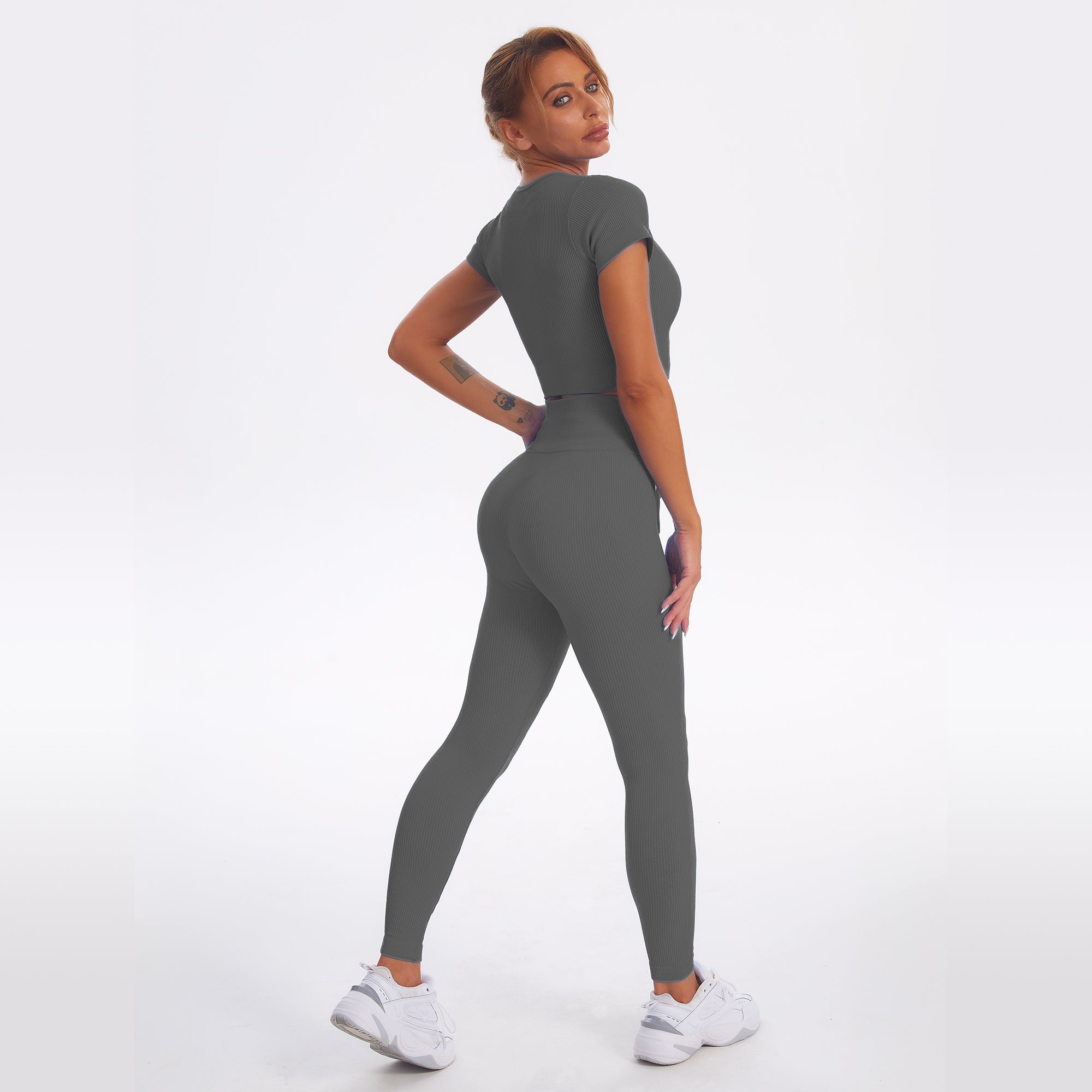 Seamless Gym Yoga Set Zip Up Short Sleeve Top & Leggings for Women