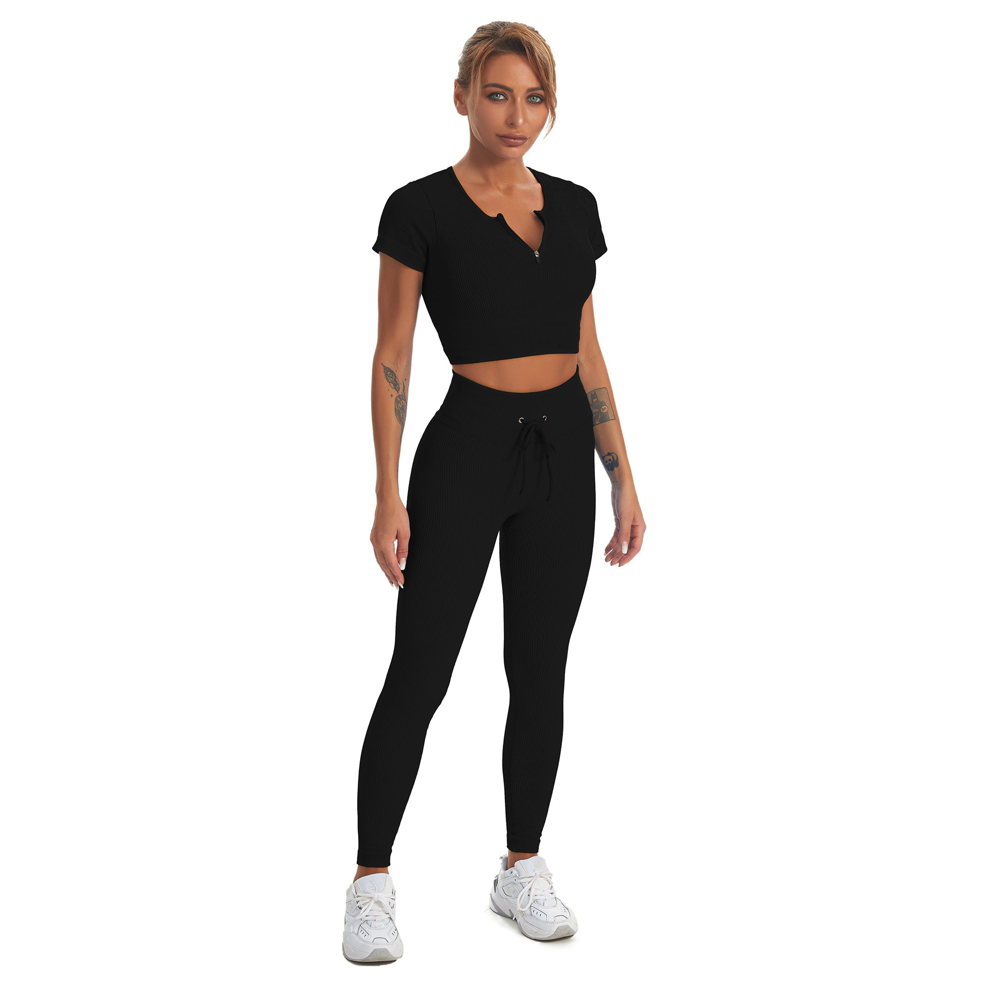 Seamless Gym Yoga Set Zip Up Short Sleeve Top & Leggings for Women
