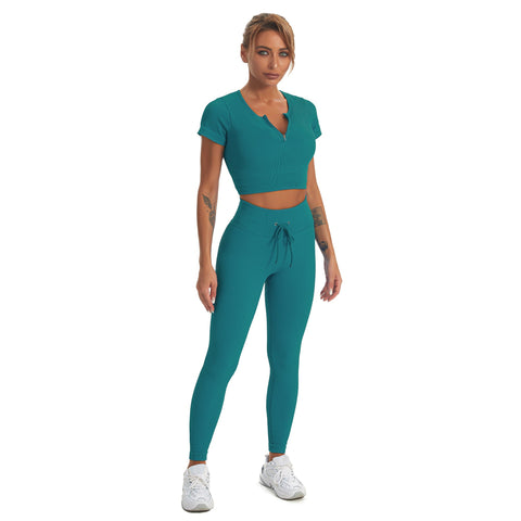 Conjunto de yoga para gimnasio sin costuras con cremallera, camiseta de manga corta y leggings para mujer