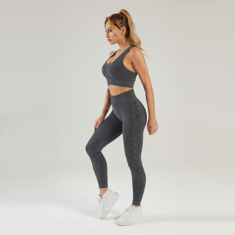 Nahtloses Gym-Yoga-Set, Sport-BH und Leggings mit Blumendruck für Damen